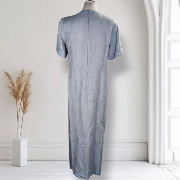 Vintage Sarah Elizabeth Linen Blend Sheath Maxi Dress Size 12 Button Embroidery - Picture 10 of 16